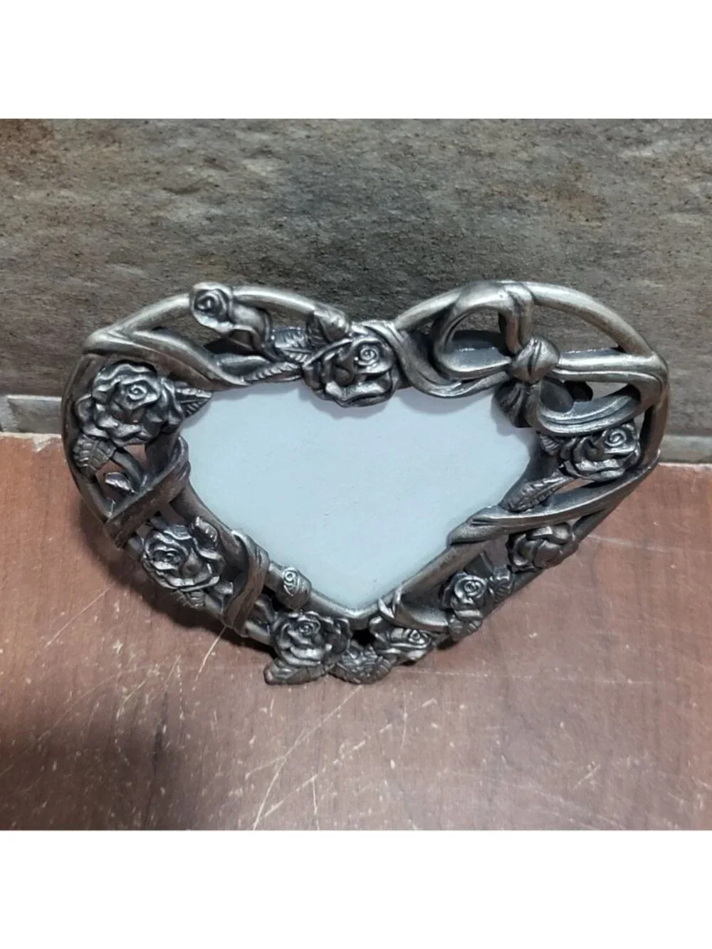 Vintage Pewter Metal Heart Shaped Picture Photo Frame